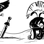 Il corvo, il gladio e l'elmo. I simboli che accompagnano la narrazione del fumetto.