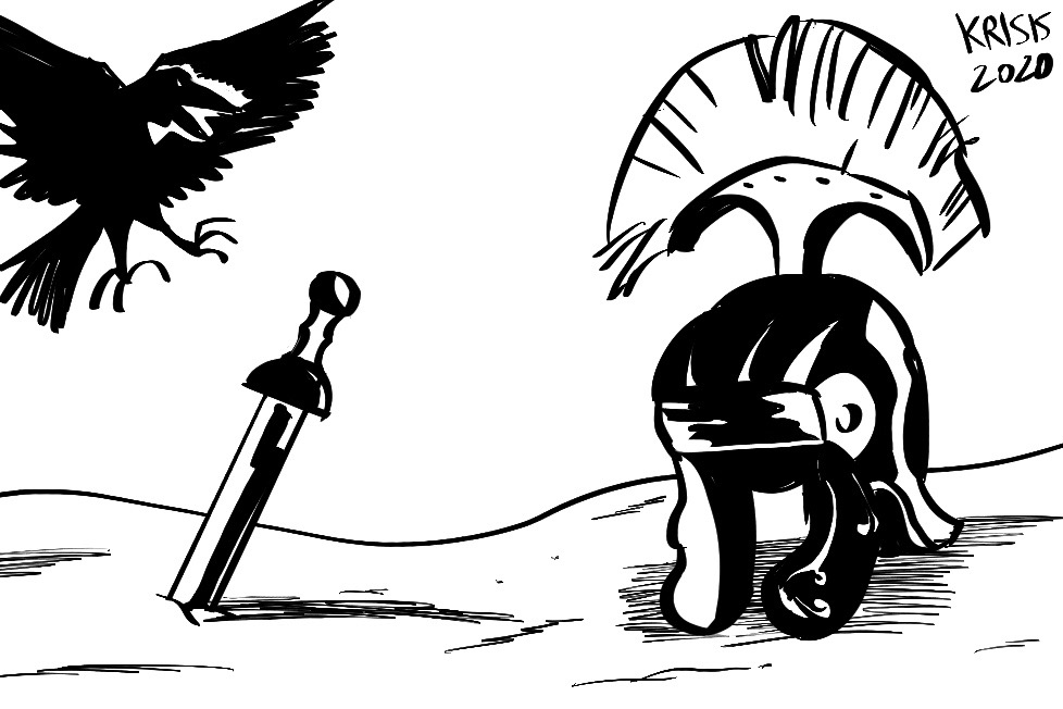 Il corvo, il gladio e l'elmo. I simboli che accompagnano la narrazione del fumetto.