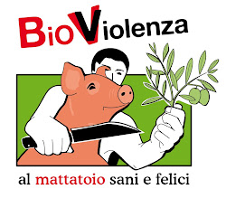 Logo del progetto Bioviolenza. Al centro l'immagine di un umano che taglia sta per tagliare la gola a un maiale mentre regge in mano un ramoscello d'ulivo. Sopra, la scritta "BioViolenza". Sotto, la scritta "al mattatoio sani e felici".